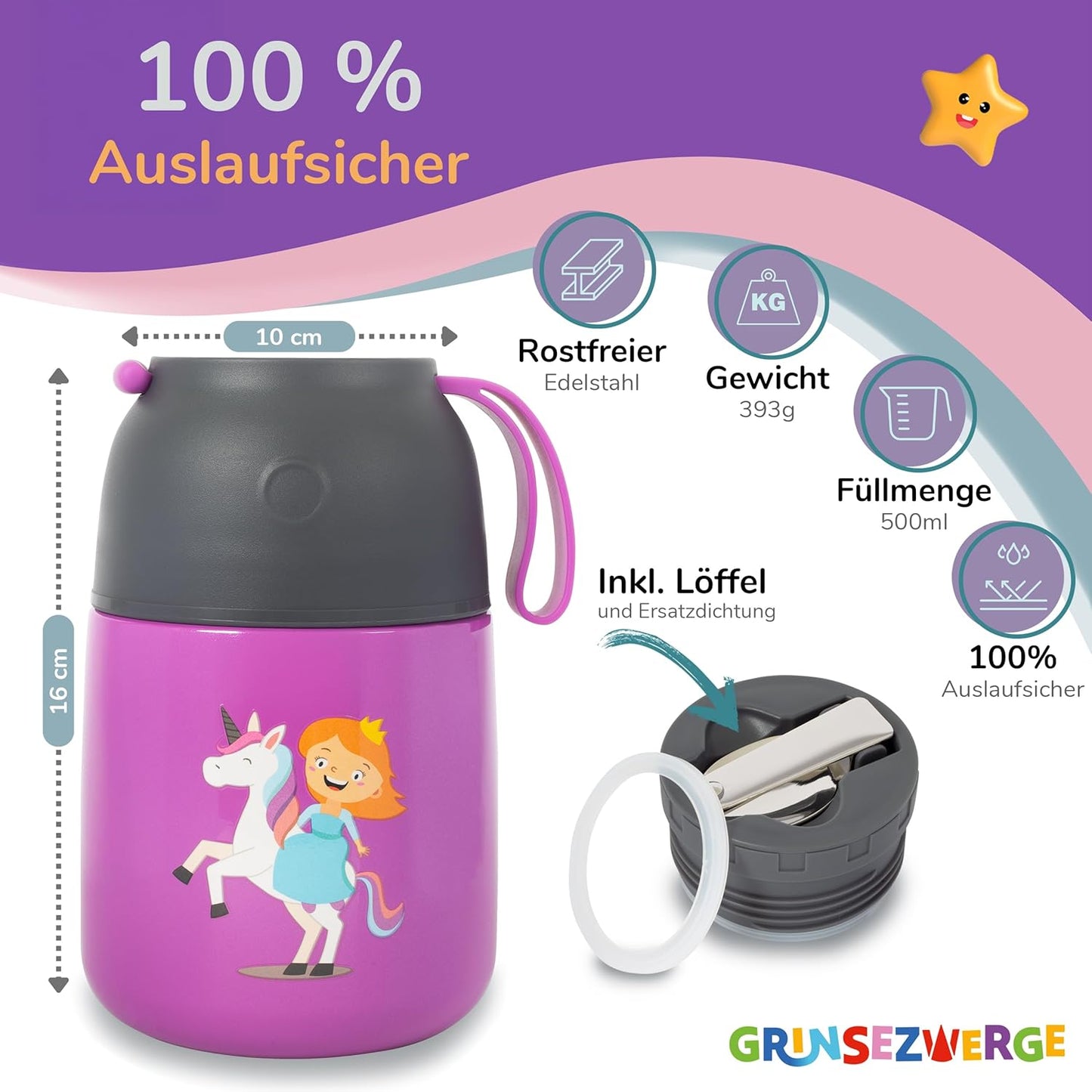 Thermobecher für Speisen und Getränke, 500ml, Pia Prinzessin (Lila)