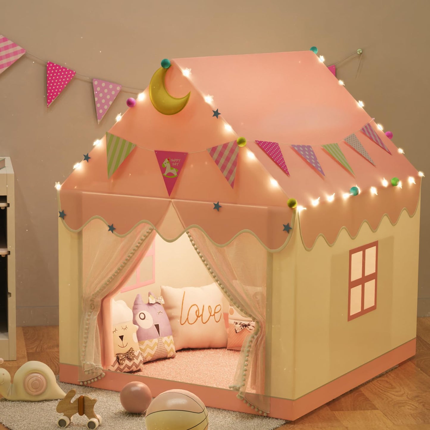Spielzelt Kinder Indoor mit LED-Lichtern, Rosa