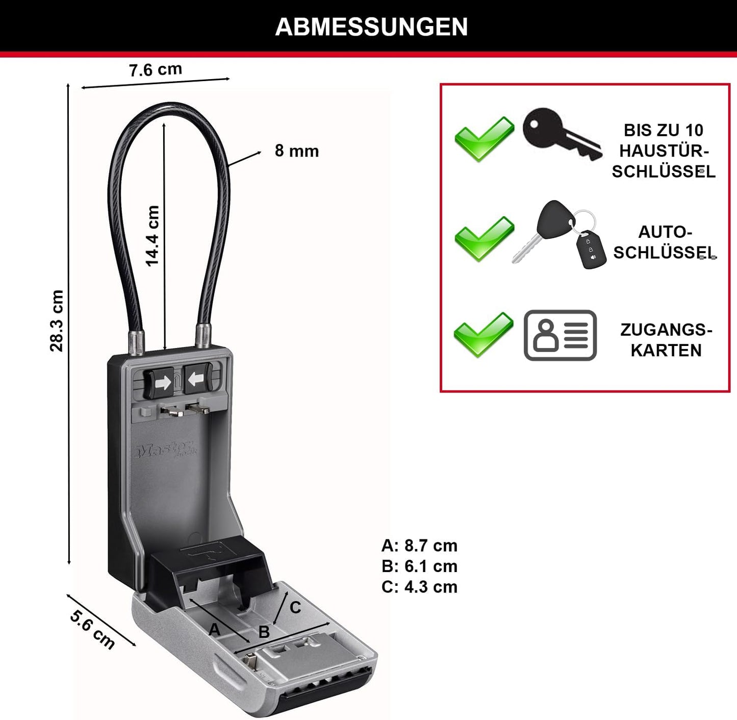 Schlüsseltresor mit flexiblem Kabelbügel, NEU - XL - mit Bügel