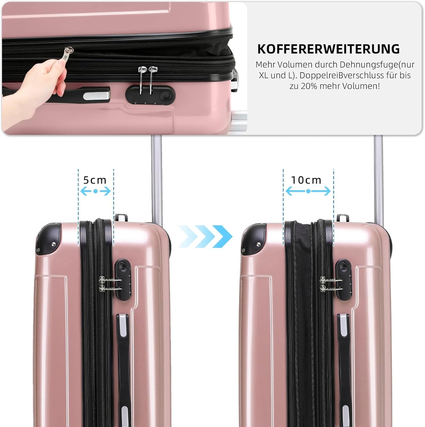 3-teiliges Hartschalenkoffer-Set mit 4 Zwillingsrollen und Zahlenschloss, Rosa Gold Kofferset