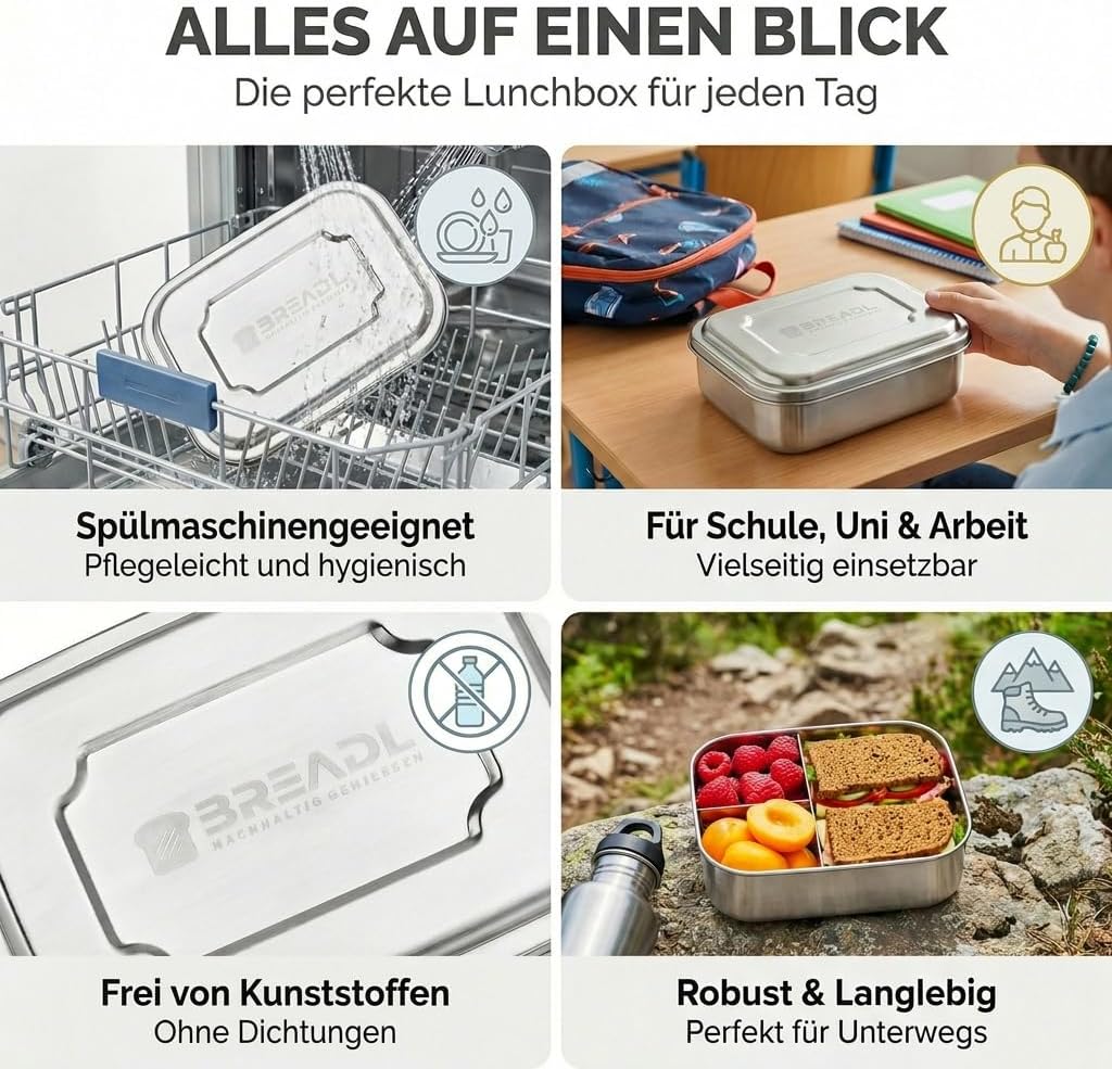 Brotdose mit 3 Fächern, spülmaschinengeeignet, 1000ml / 3 Fächer Edelstahl