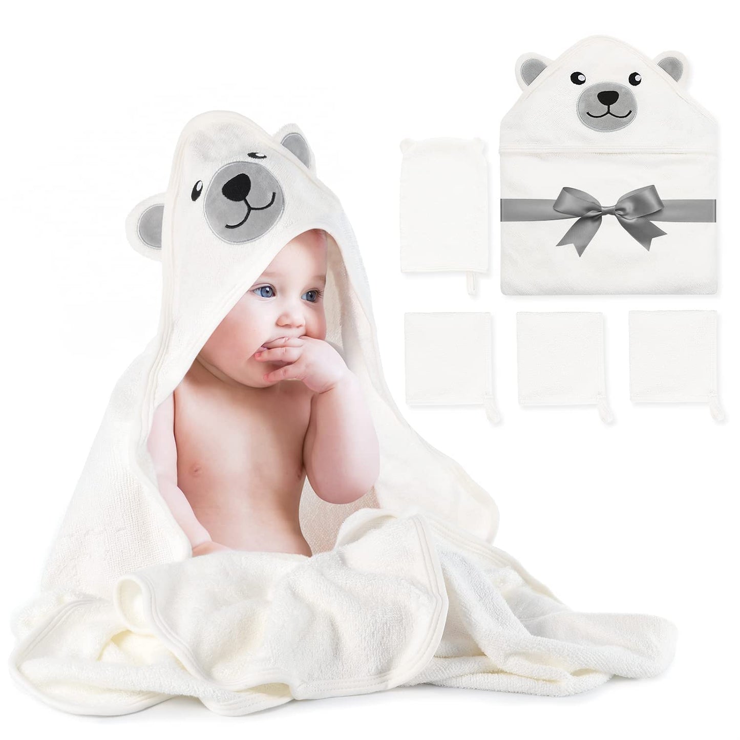 5-teiliges Baby Badetuch-Set mit Kapuze und Bärenmotiv, White