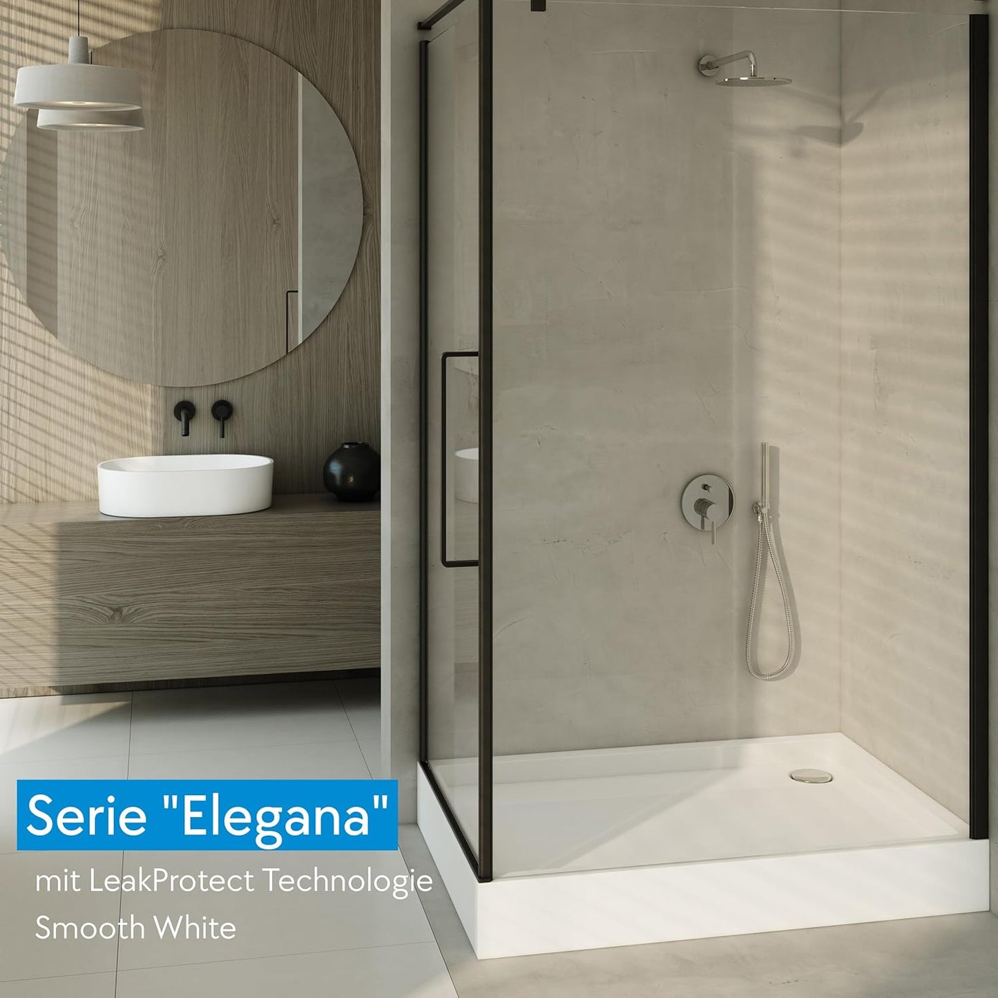 Duschwanne Elegana mit LeakProtect inkl. Ablaufgarnitur/Siphon, Smooth White / Ablauf A49cr 80 x 100 cm