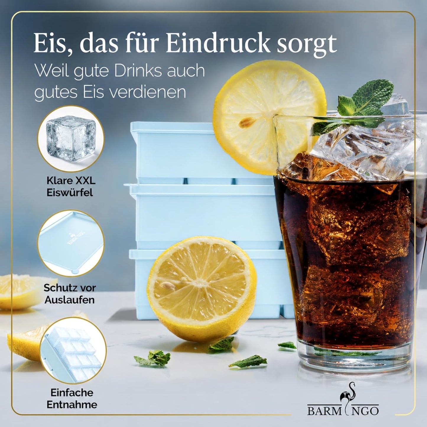 3er Set Eiswürfelform mit Deckel, 15 XXL Würfel Pastell Blau 3