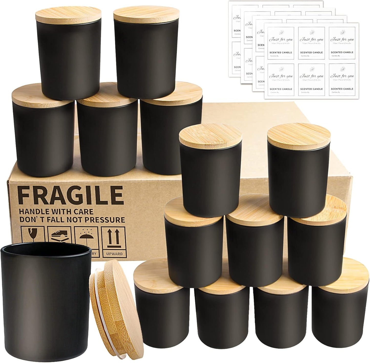 15er Set Kerzengläser mit Bambusdeckel, Matt Schwarze