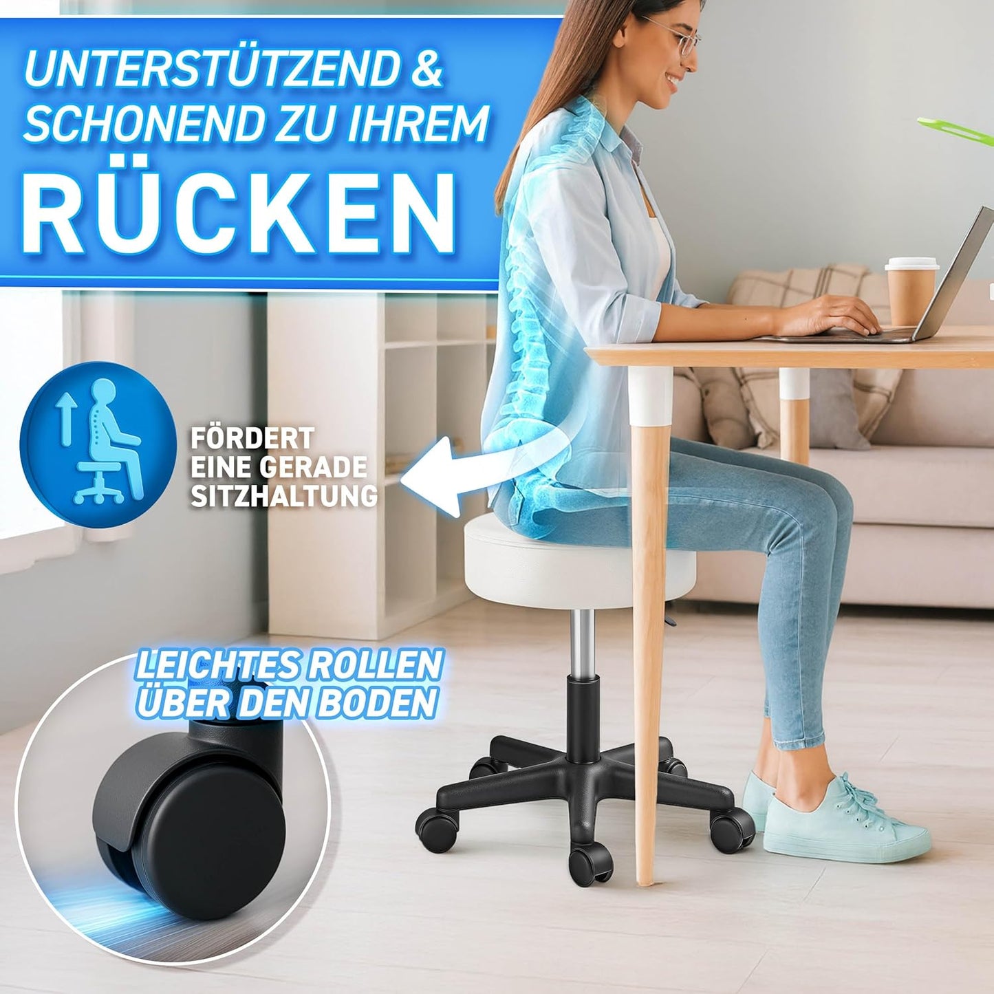 Höhenverstellbarer Rollhocker, Weiss