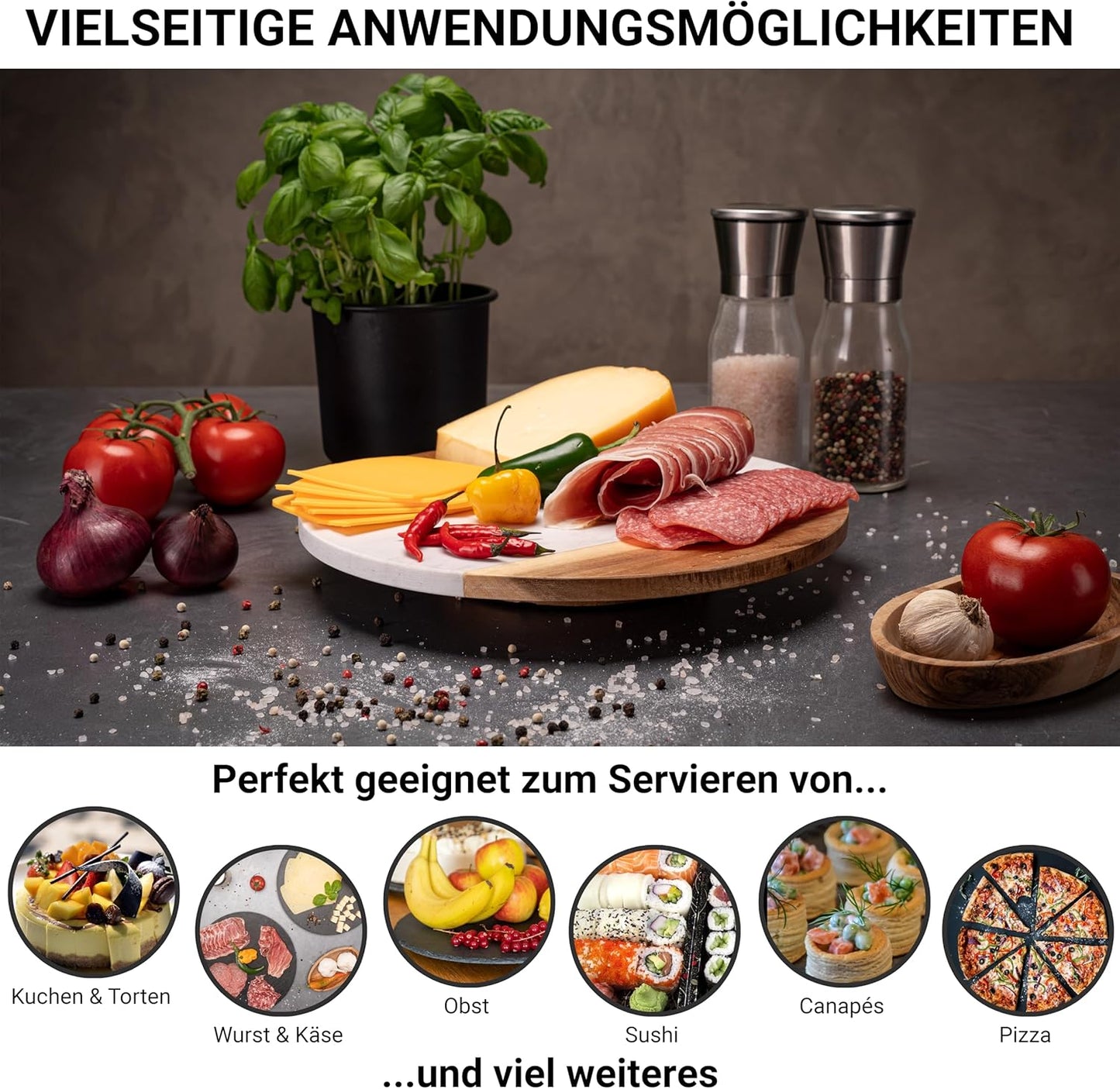Drehbare Tortenplatte, Marmor mit Akazienholz