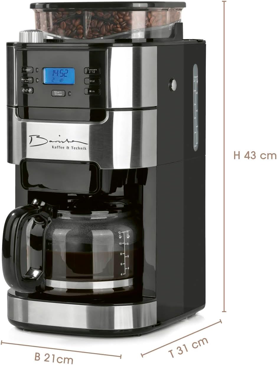 Filterkaffeemaschine für 10 Tassen, 6) Edelstahl - Glaskanne - mit Mahlwerk