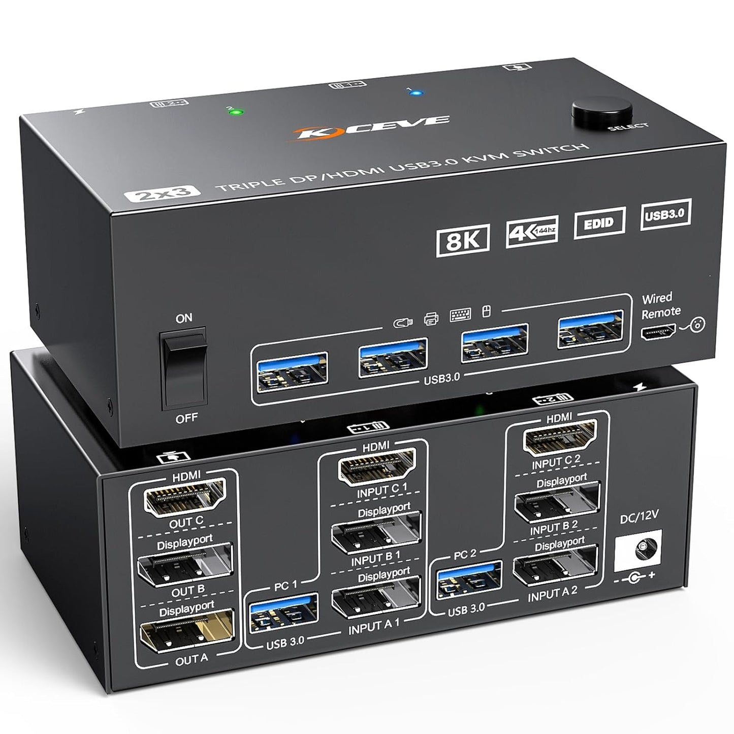 KVM Switch für 2 PCs und 3 Monitore 4K/8K, HDMI+2 Displayport KVM Switch 2 PC 3 Monitor
