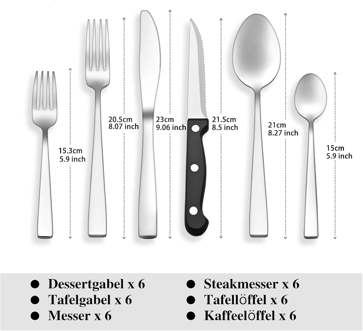 Besteckset für 6 Personen mit Steakmesser, 36 - teilig Silber