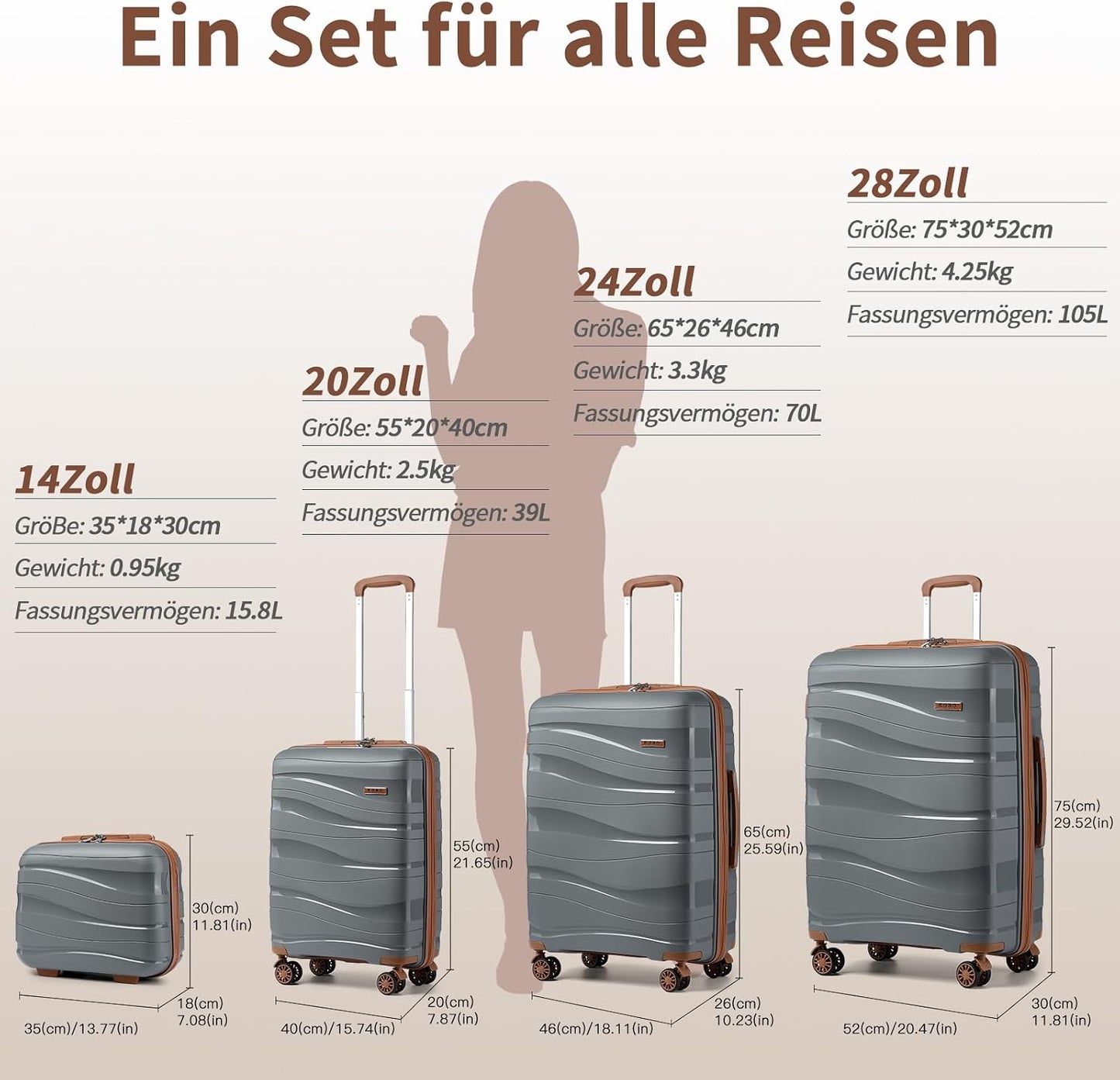 Grosser Reisekoffer mit TSA-Schloss und Doppelrollen, Grau-braun Gross Koffer