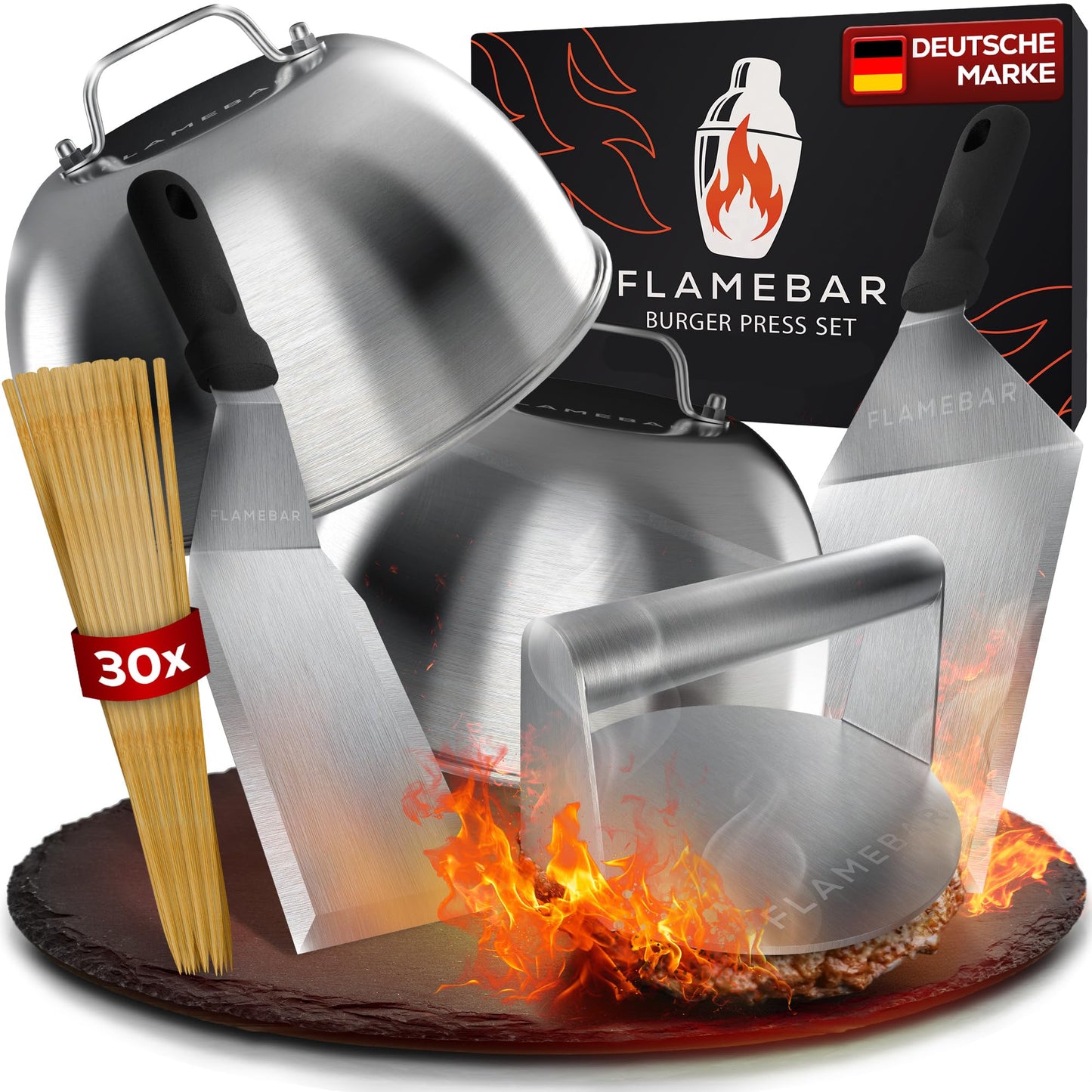 6-teiliges Burgerpresse-Set mit Burgerglocke, Burgerspiesse & Grillspachtel