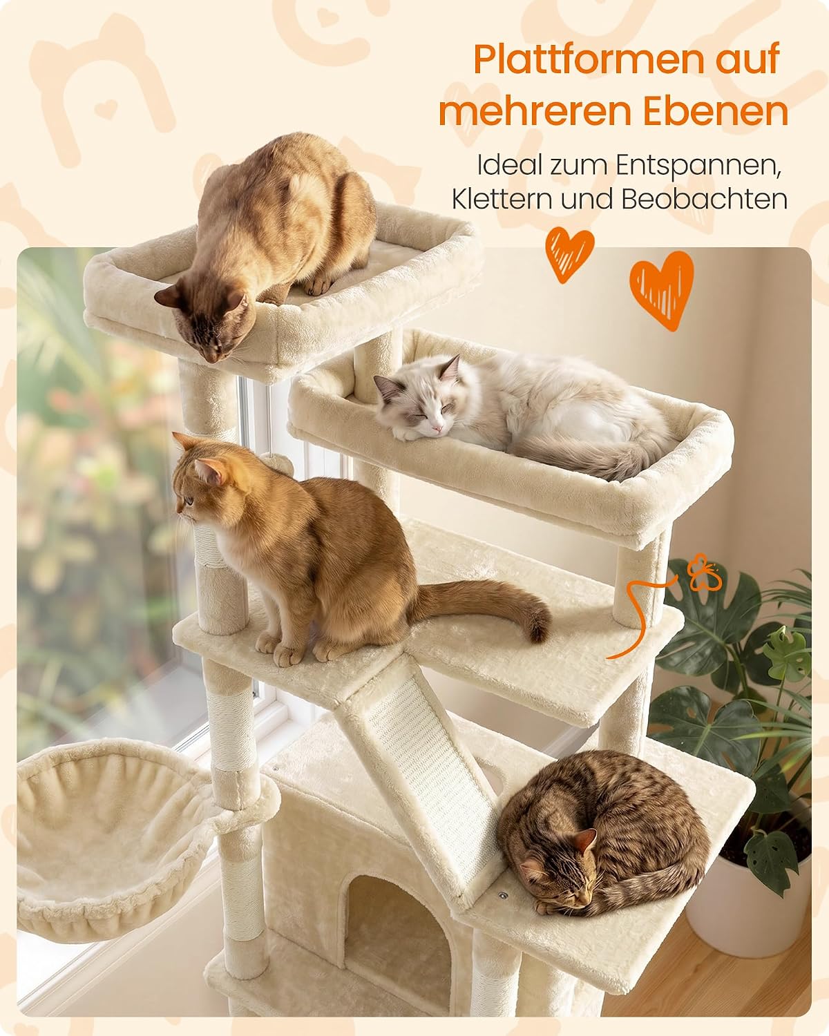Katzenkratzbaum mit Höhlen und Hängematte, Beige