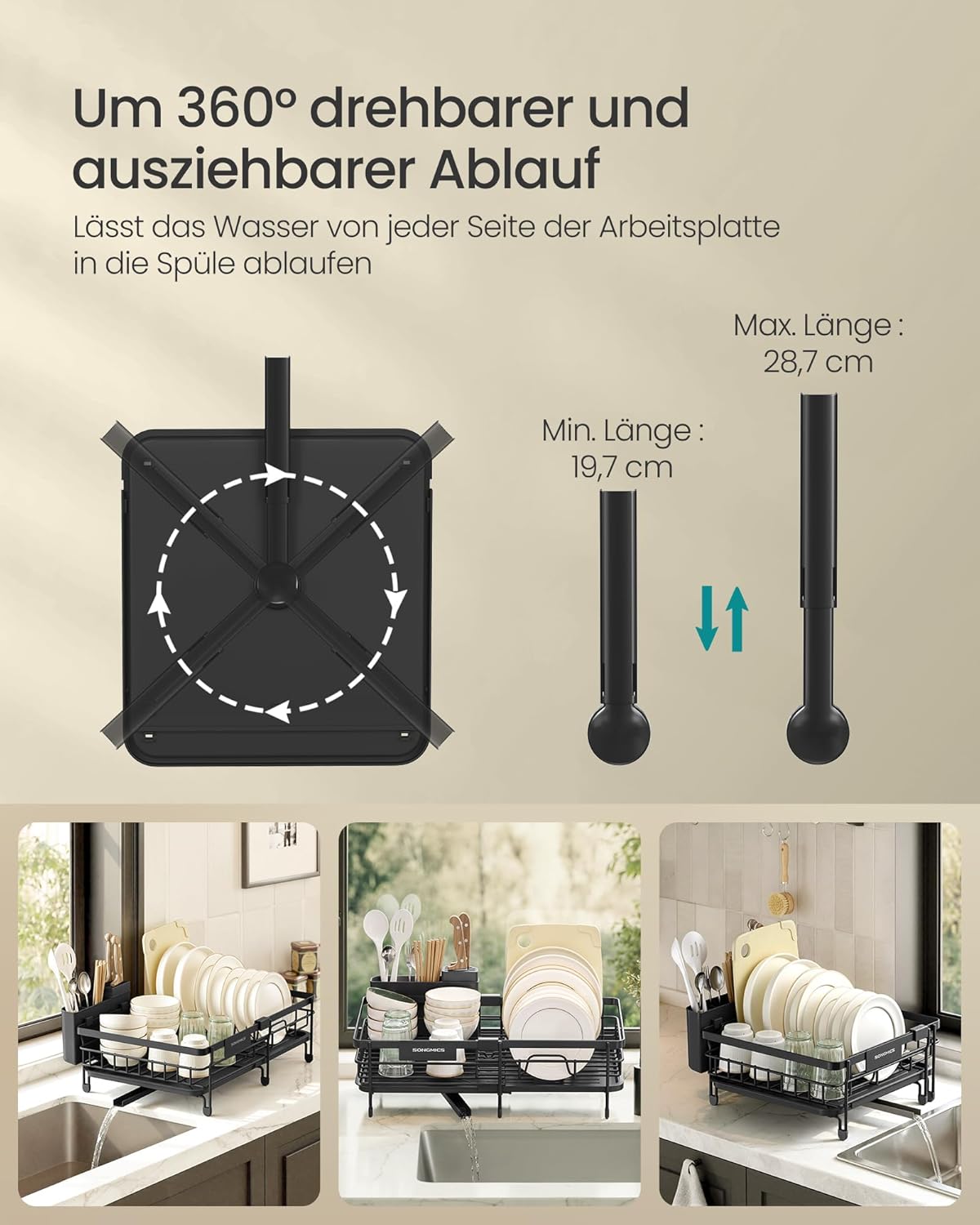 Ausziehbares Abtropfgestell, Tintenschwarz (30,2-46,5)T x 29,6B x 14H cm