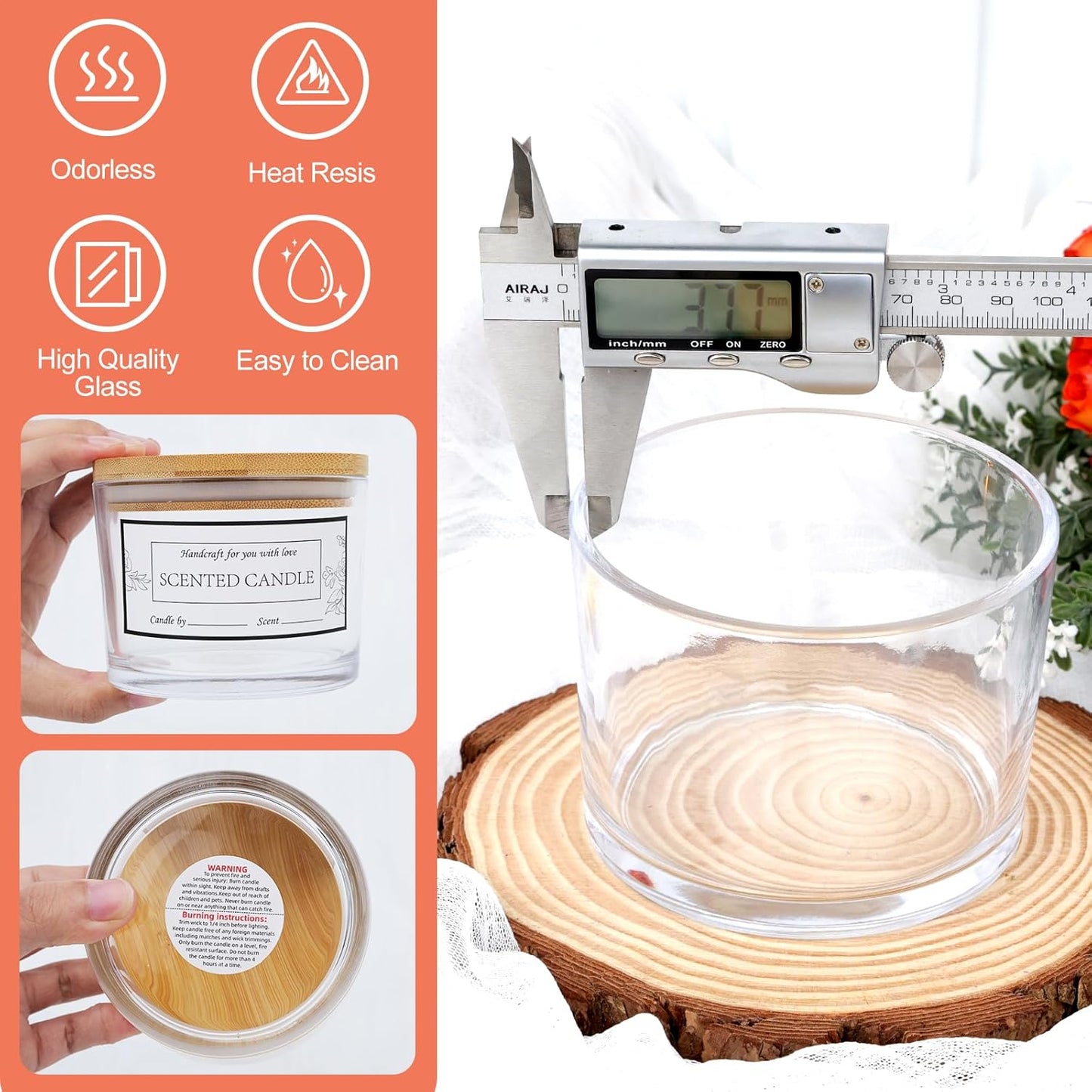 Klarglas-Kerzengläser-Set mit Bambusdeckel, Transparent-340 Ml