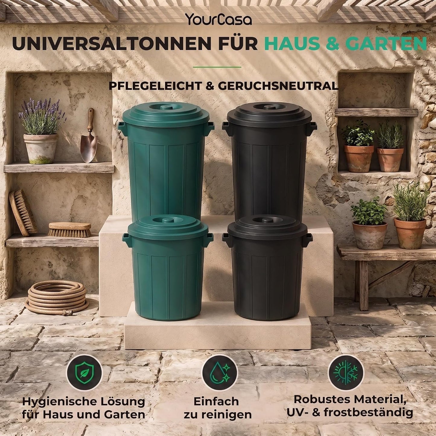 Universal-Mülltonnen mit Deckel, 2 Stück, Schwarz 2x50L