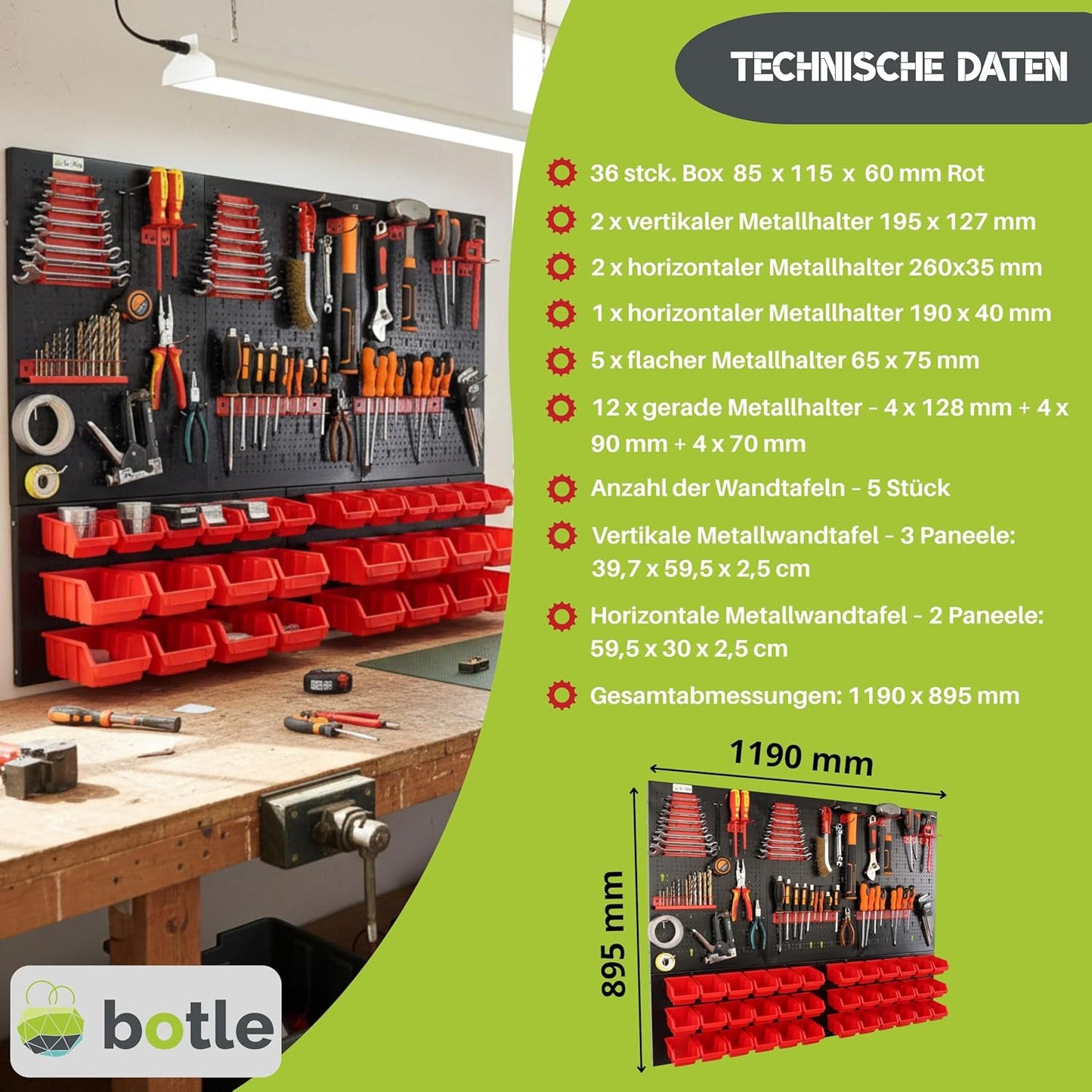 MIX 1 Werkzeugwand-Set mit 63-teiligem Stapelboxen und Werkzeughalter, Rot MIX 1