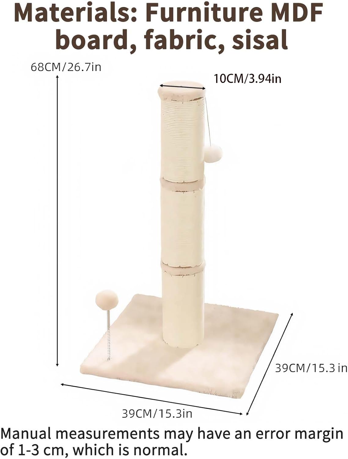 Katzenkratzbaum mit Spielball und Plüschbezug (68 cm), Beiger kurzer Plüsch
