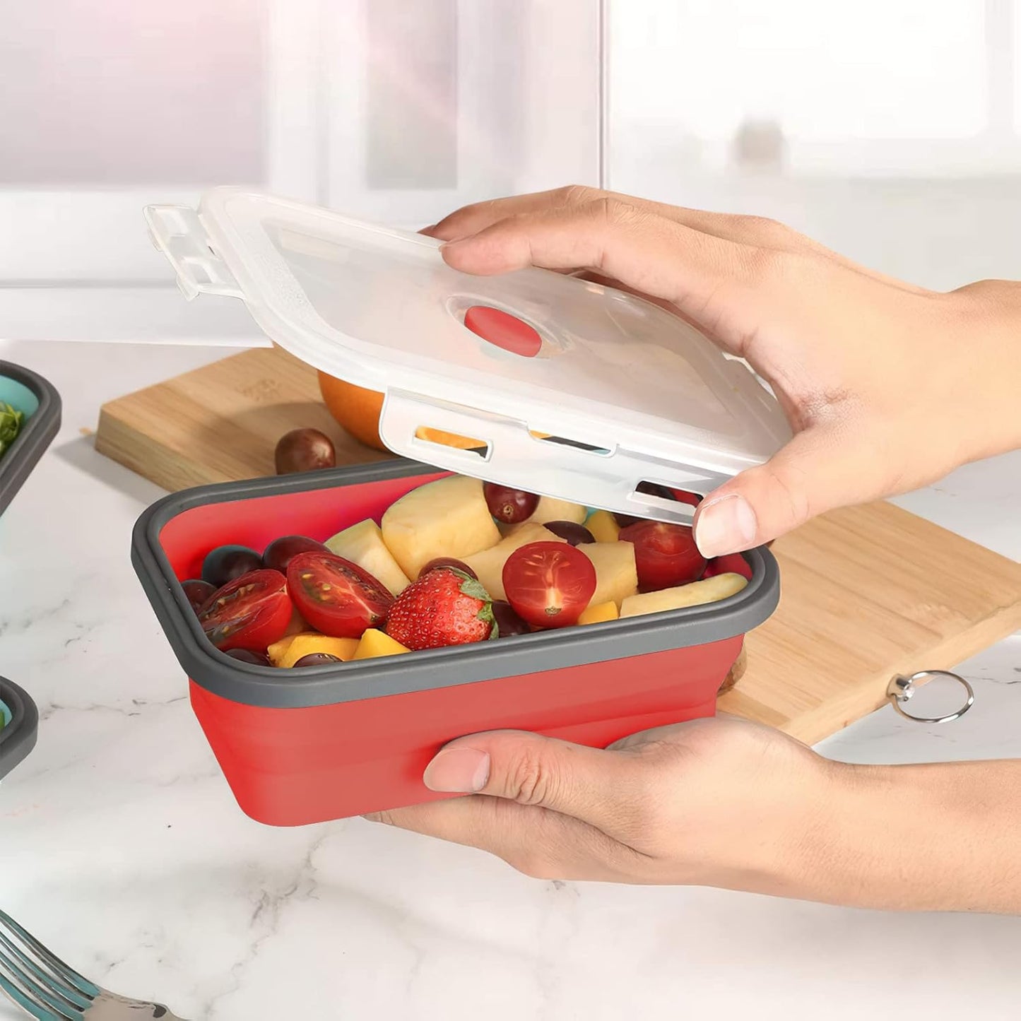 Faltbares Food Container-Set, 4-teilig mit Deckel, Rot