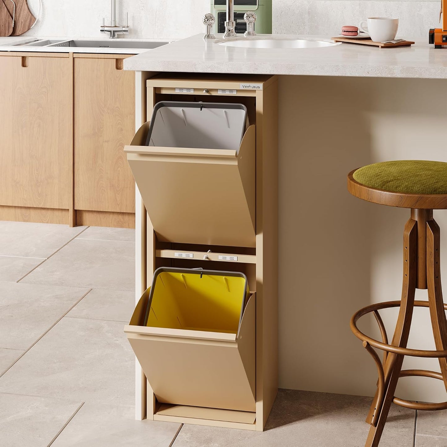 Küchenmülleimer mit Klappdeckel, 2x15L, 2 x 15 L Beige