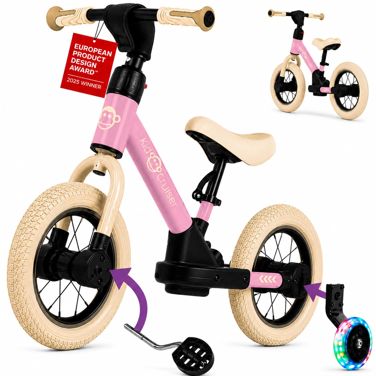 3in1 Laufrad mit Pedalen und Stützrädern, Rosa & Cremeweiss