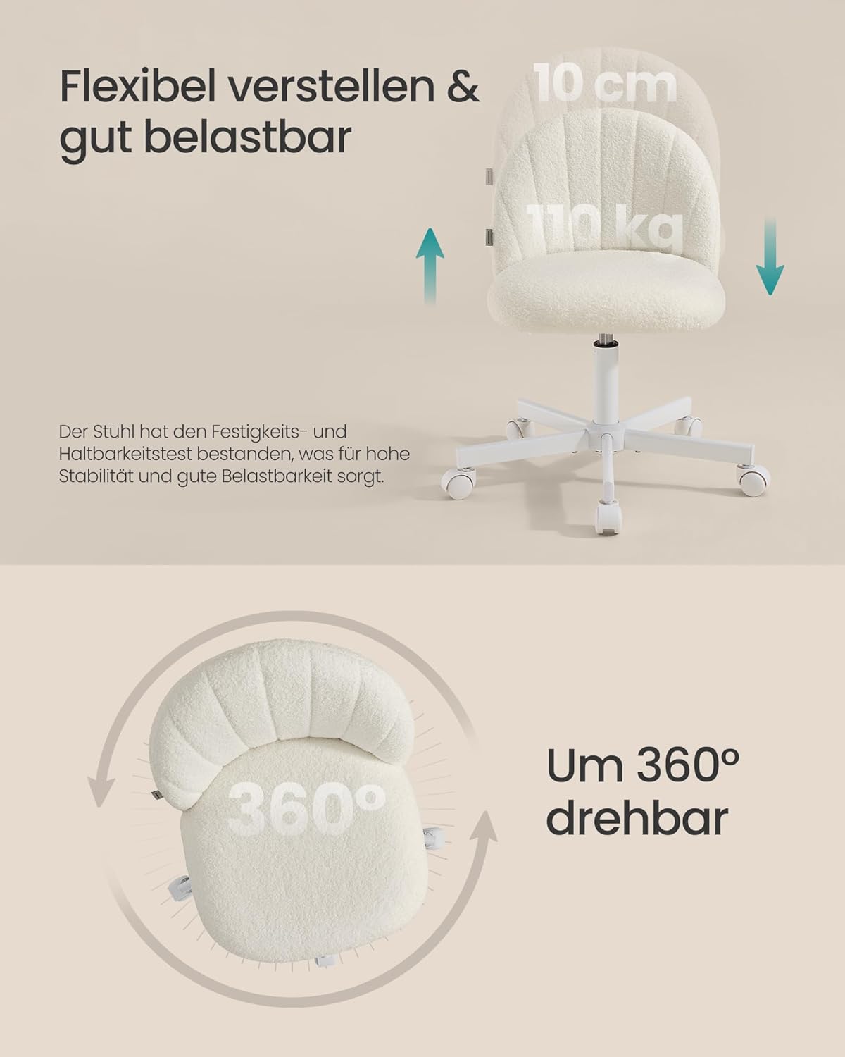 Homeoffice-Schreibtischstuhl, höhenverstellbar, Cremeweiss