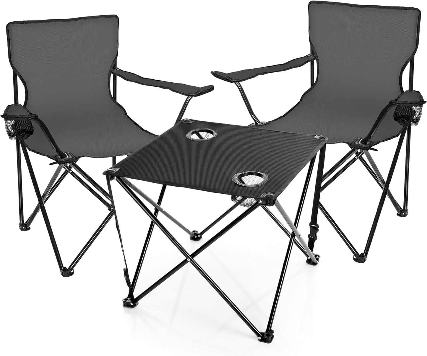 2er-Set Faltbarer Campingstuhl mit Tisch & Getränkehalter, Dunkelgrau