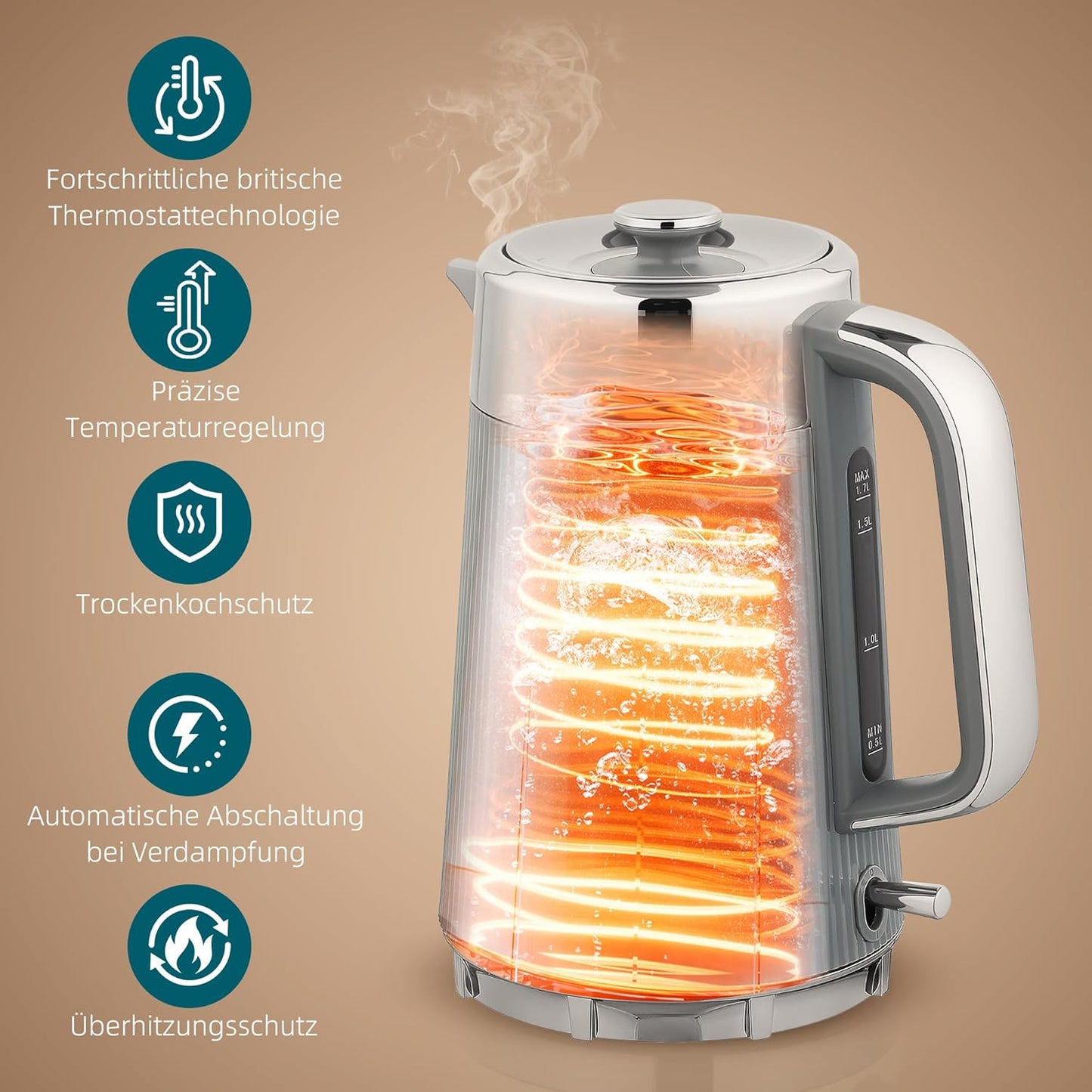 Wasserkocher & Toaster Set mit Edelstahl-Innenraum, Grau
