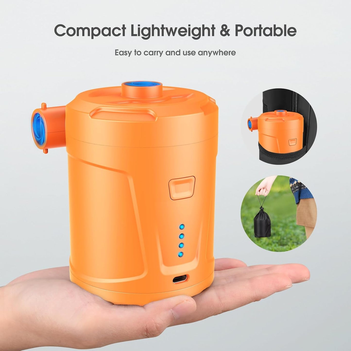 Elektrische Mini-Luftpumpe mit Akku und 3 Düsen, Orange