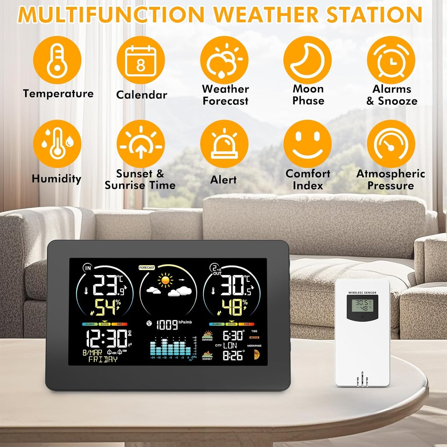 Wetterstation mit Aussensensor, 3378YC-BLACK