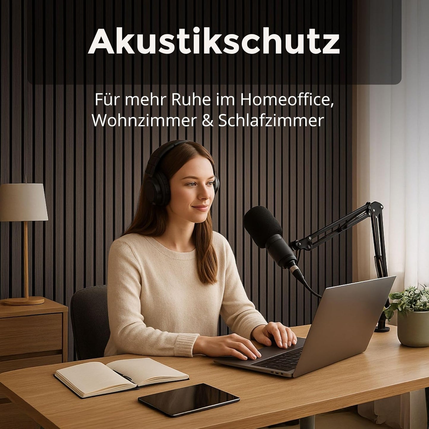 4-teiliges Akustikpaneele Set mit Lamellenwand, 60x60cm, 4 Stück Walnuss