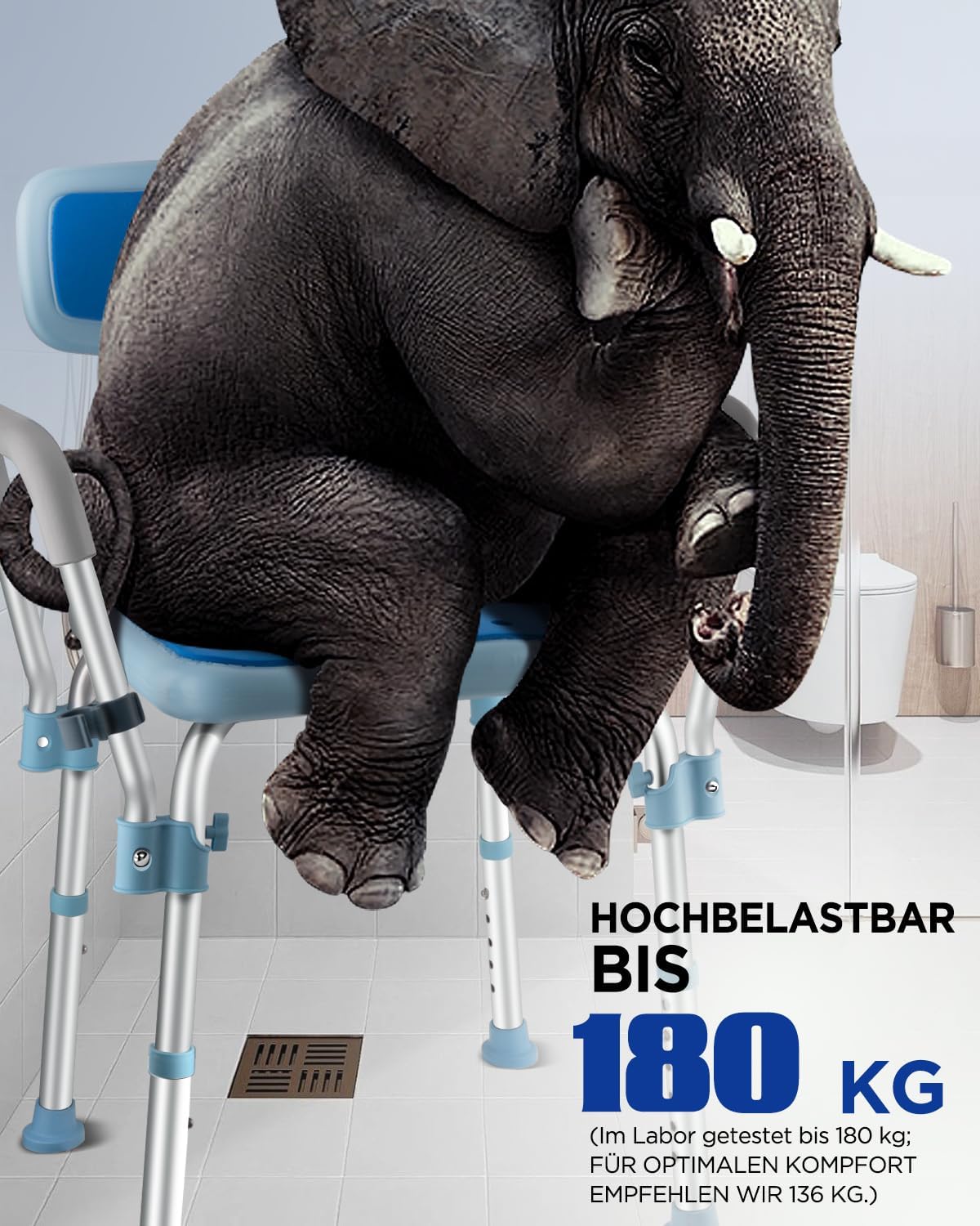 Duschstuhl mit Arm- und Rückenlehne, bis 180kg belastbar, Duschstuhl mit Armlehnen und Rückenlehne