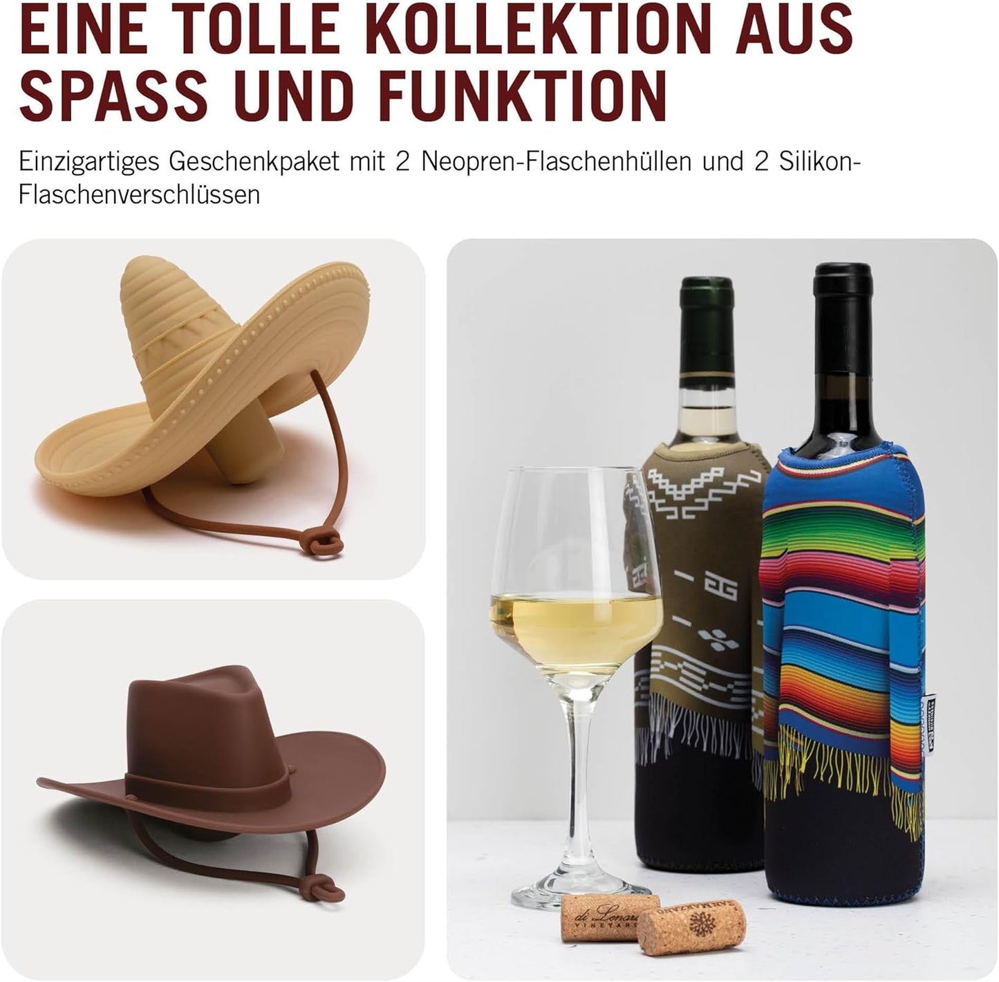 Geschenkbox Desperados für Weinliebhaber mit Flaschenverschlüssen und Ponchos