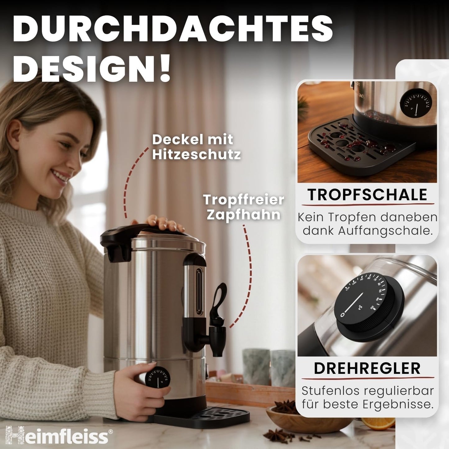 Glühweinkocher mit Zapfhahn und Thermostat, 6,8 Liter Silber (Inkl. Abtropfschale)