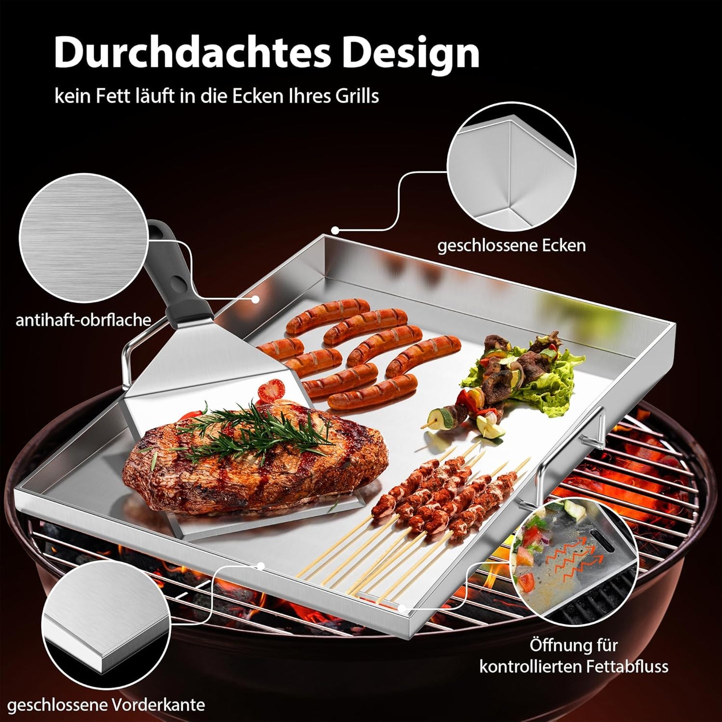 Plancha Grillplatte Edelstahl, 40 x 30 x 4 cm