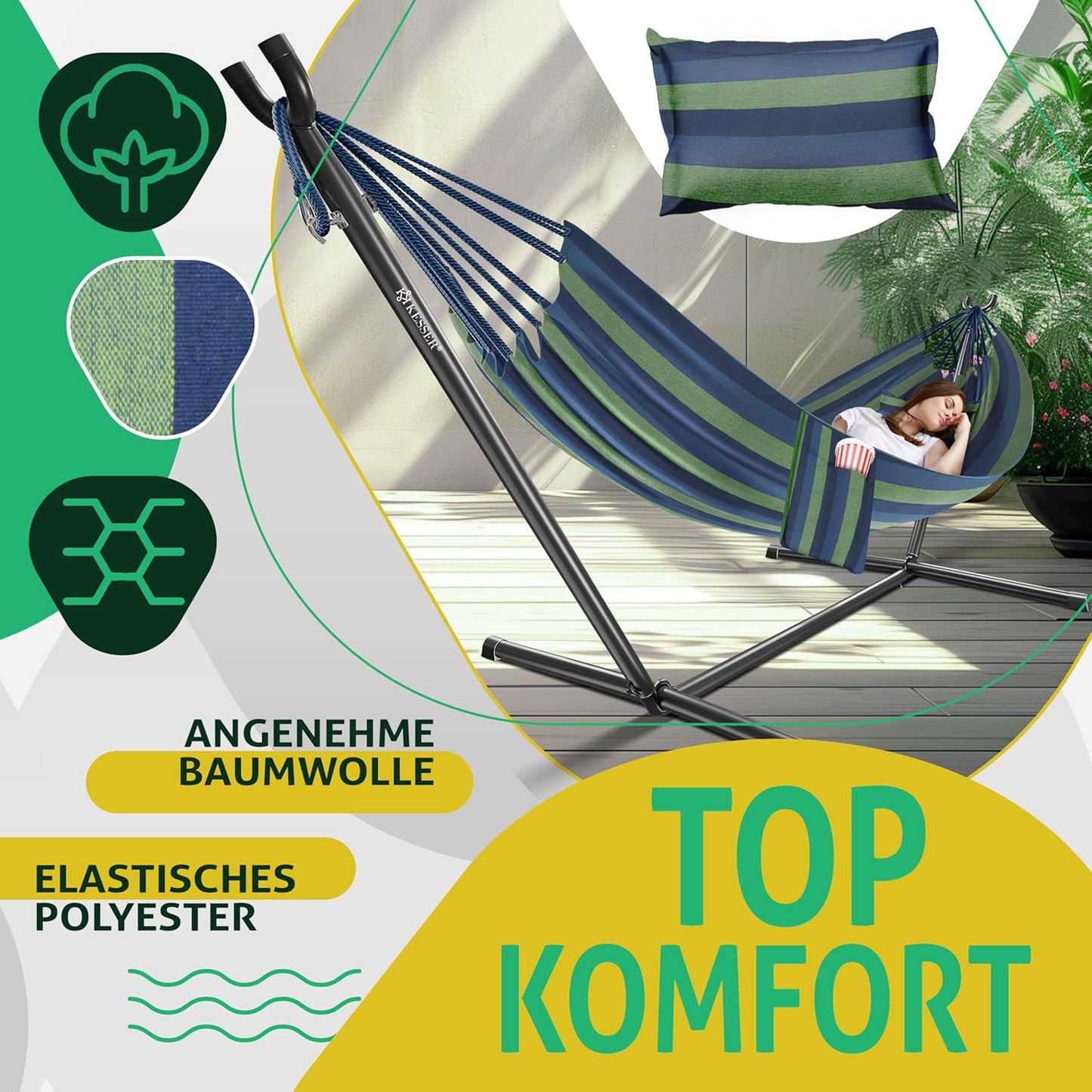 Hängematte mit Gestell für 2 Personen (200kg), Blau