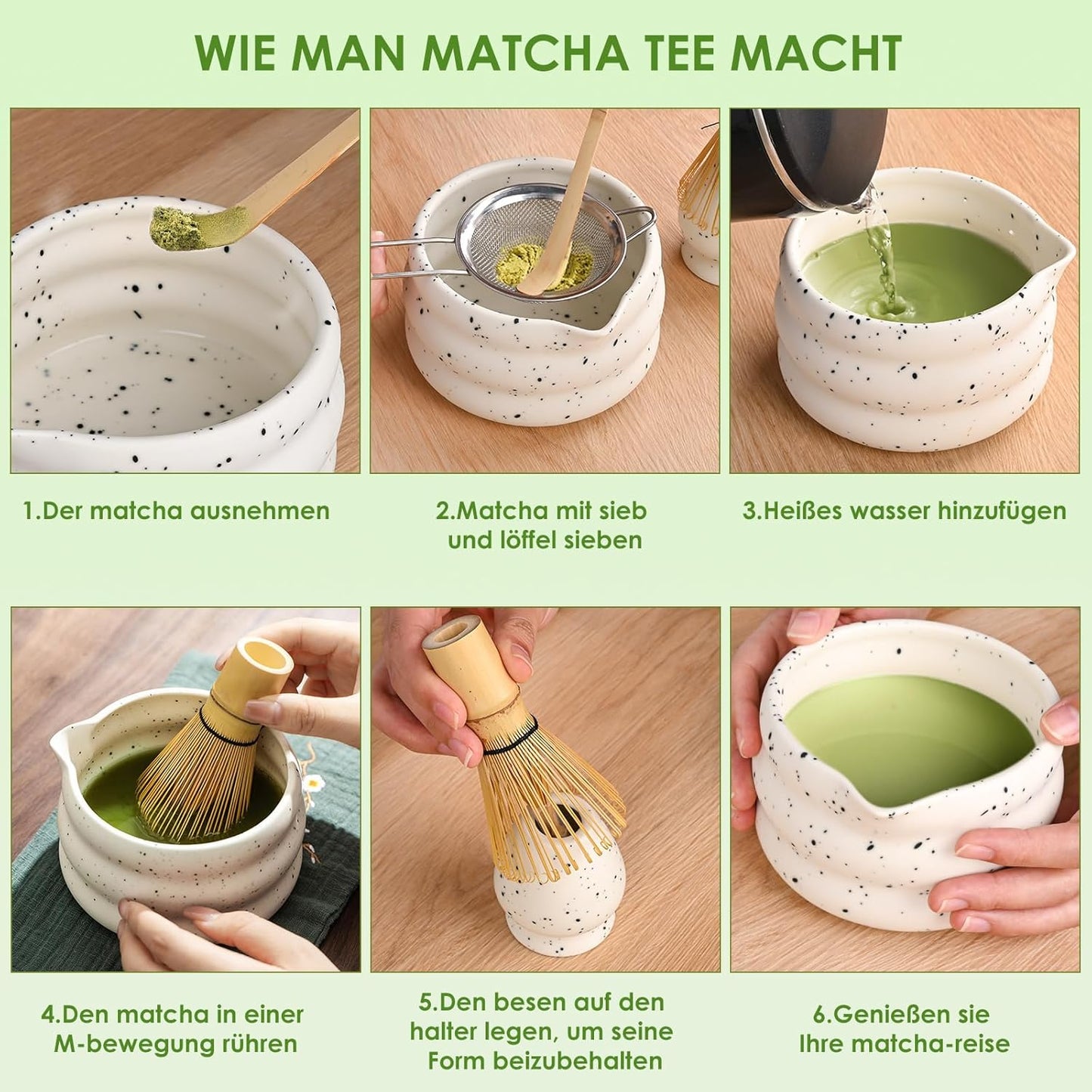 5-teiliges Matcha Tee Set mit Schale und Bambusbesen