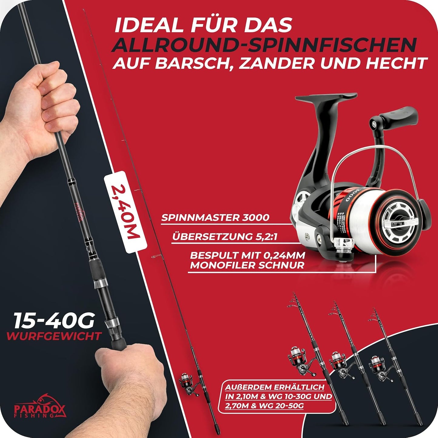 Angelset mit Teleskoprute zum Spinnfischen, 2,40m 15-40g