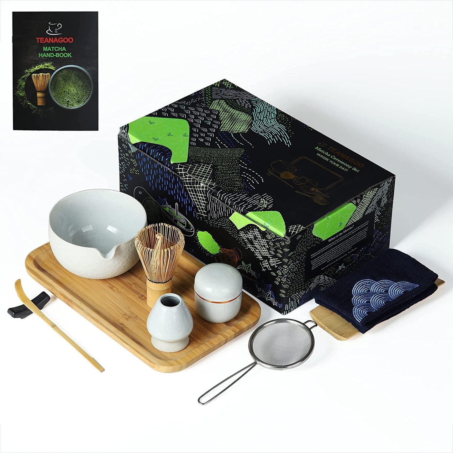 Matcha-Set mit Schneebesen und Tablett, Schüssel mit Ausgiesser Hellgrau