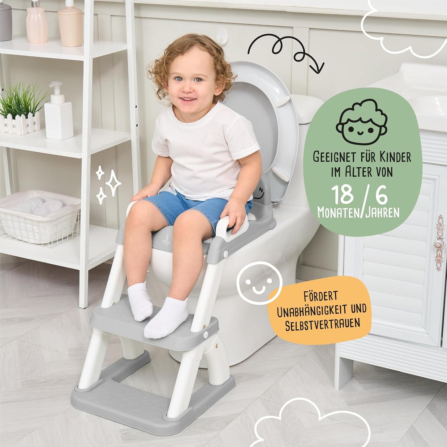 Kinder Toilettensitz mit Treppe & Rückenlehne, Grau