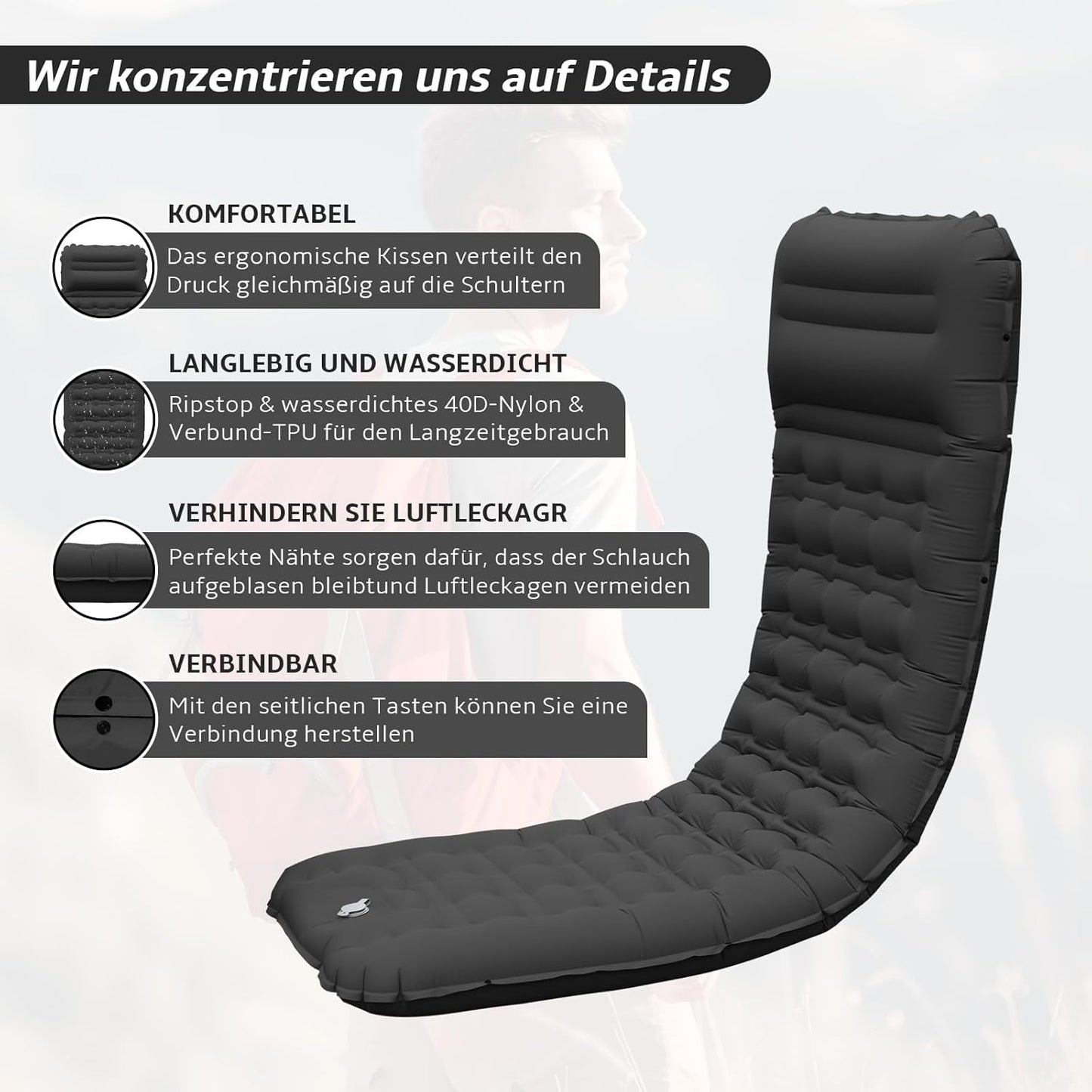 Aufblasbare Isomatte mit Fusspumpe und Kissen, Schwarz