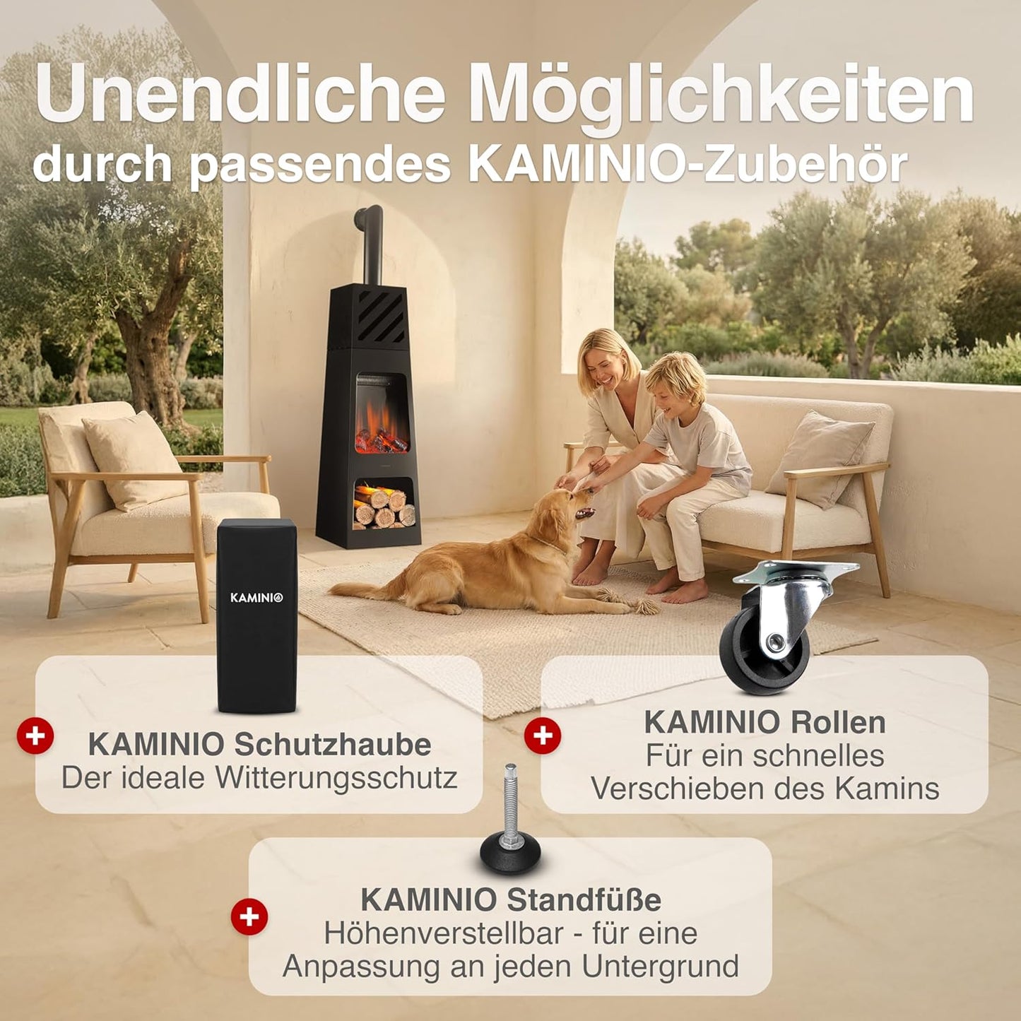Elektrischer Gartenkamin Kai mit 3D-Flammeneffekt, X-Large mit Rohr