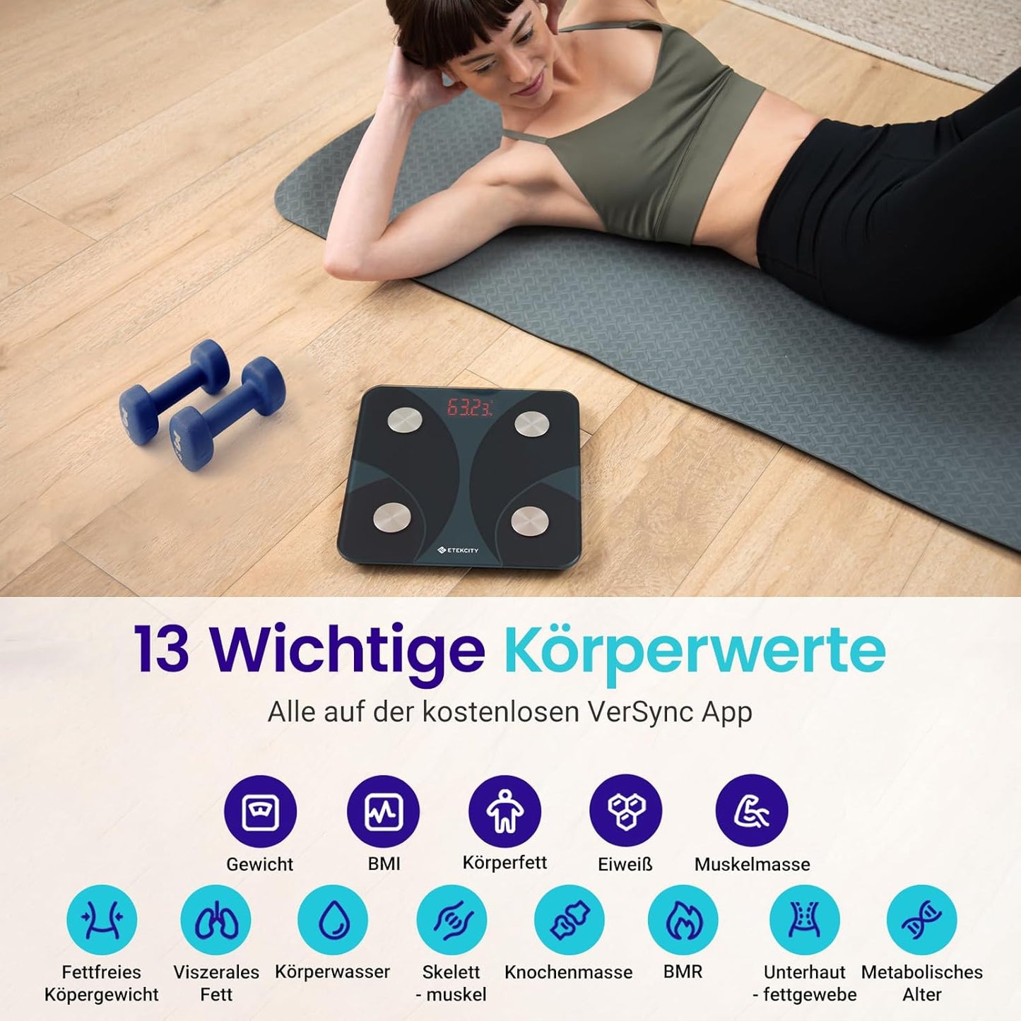 Digitale Personenwaage mit Körperanalyse, 13 Metriken Schwarz 180kg/0.05kg