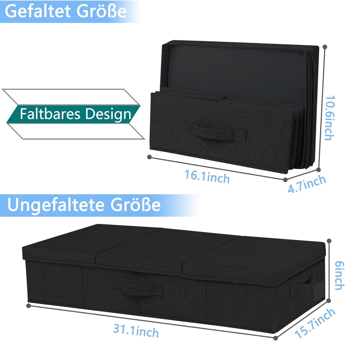 Faltbare Unterbett-Aufbewahrungsbox, 2 Stück, Schwarz