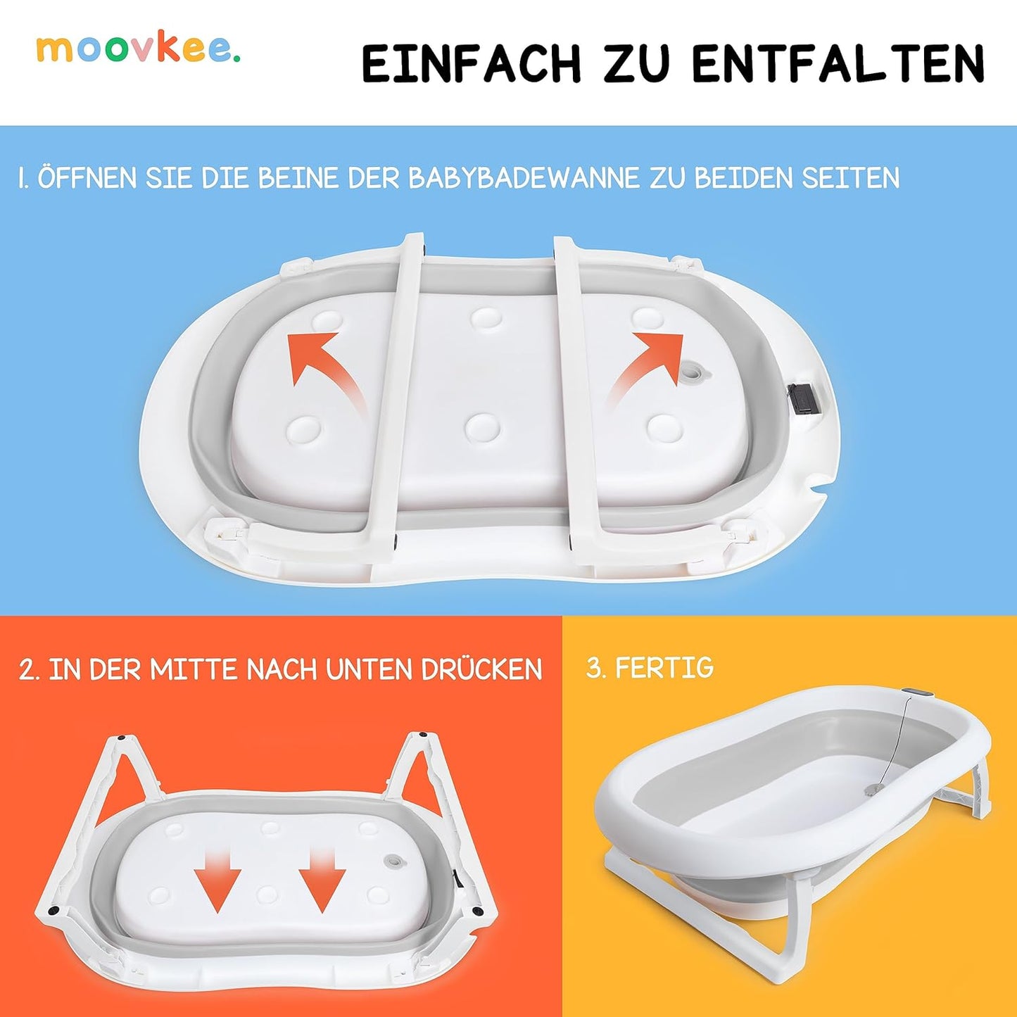 Faltbare Babybadewanne mit Thermometer und Kissen, Grau 21cm Höhe - Faltbare