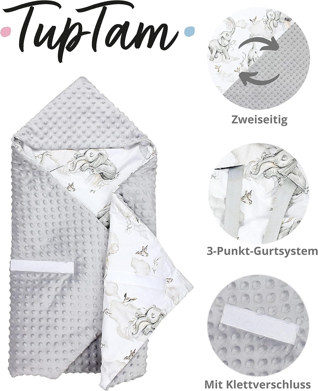 2er-Set Baby-Einschlagdecken (85x85 cm), Herbst/Winter - 85 cm x 85 cm Elefanten Regenbogen / Grau