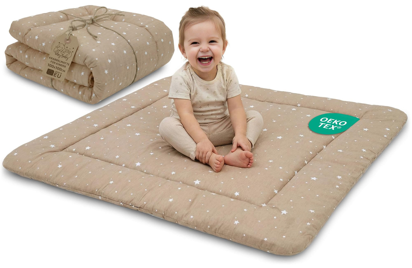 Faltbare Krabbeldecke, Beige mit Weiss Sternen 100 x 100 cm