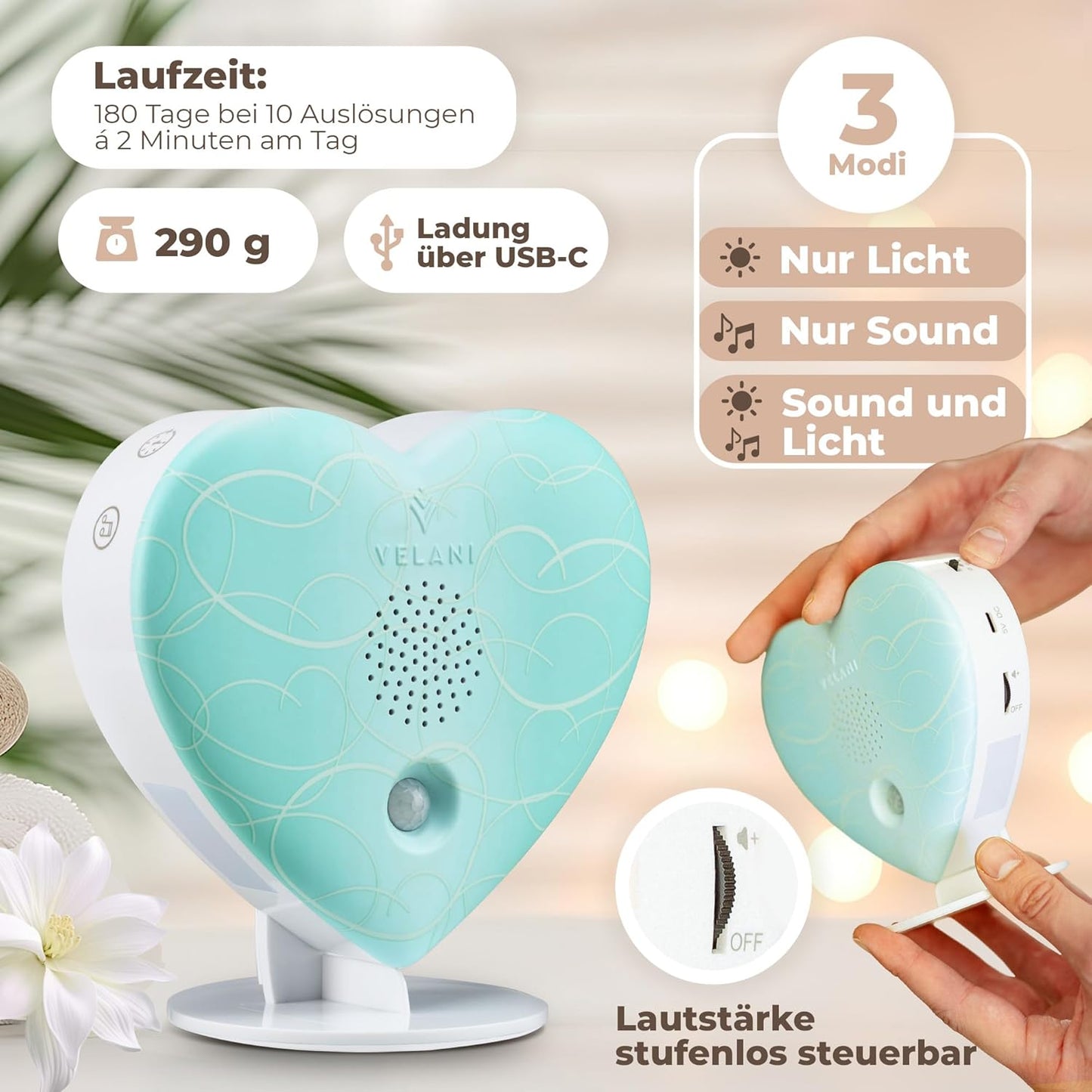 Naturgeräusch-Box mit Bewegungsmelder, Pastell-grün Herz