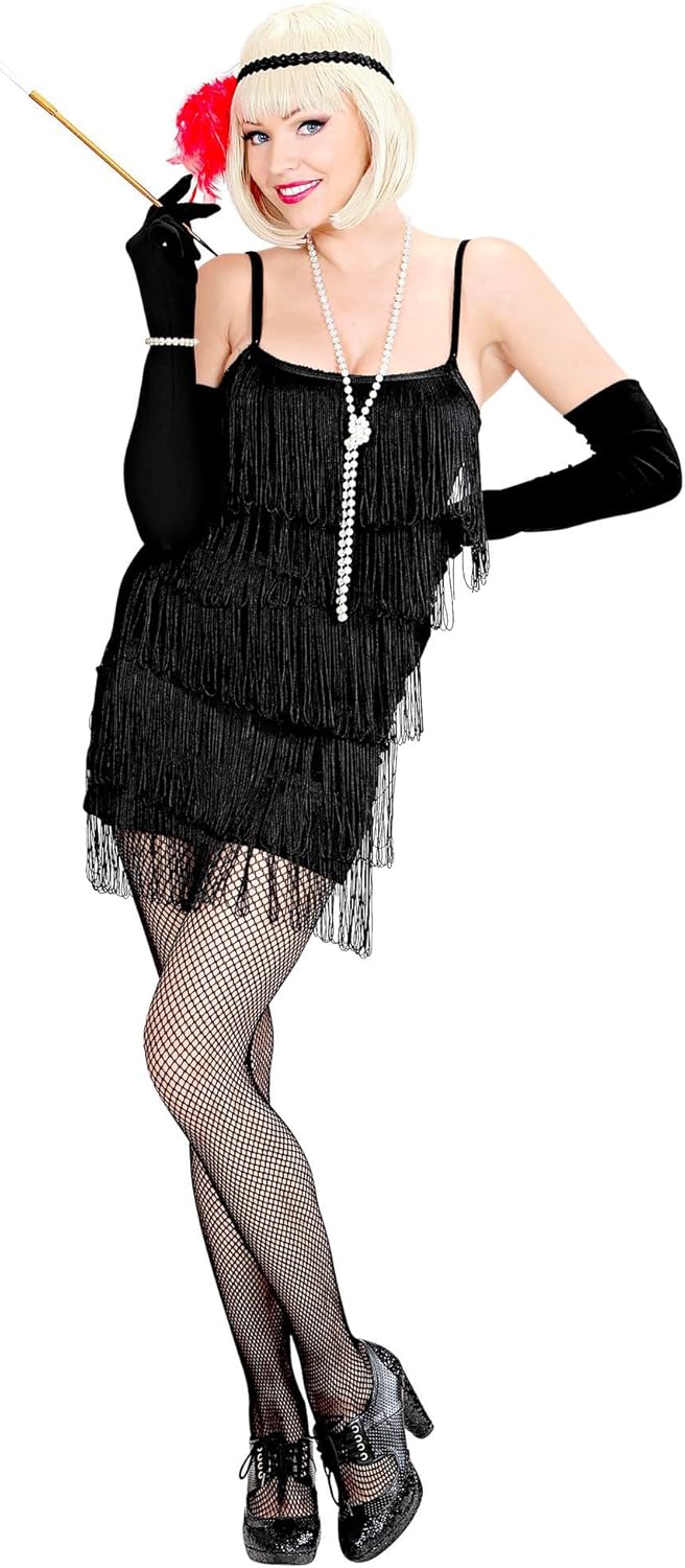 Flapper Fransenkleid 20er Jahre, (Kleid, Stirnband mit Federn)