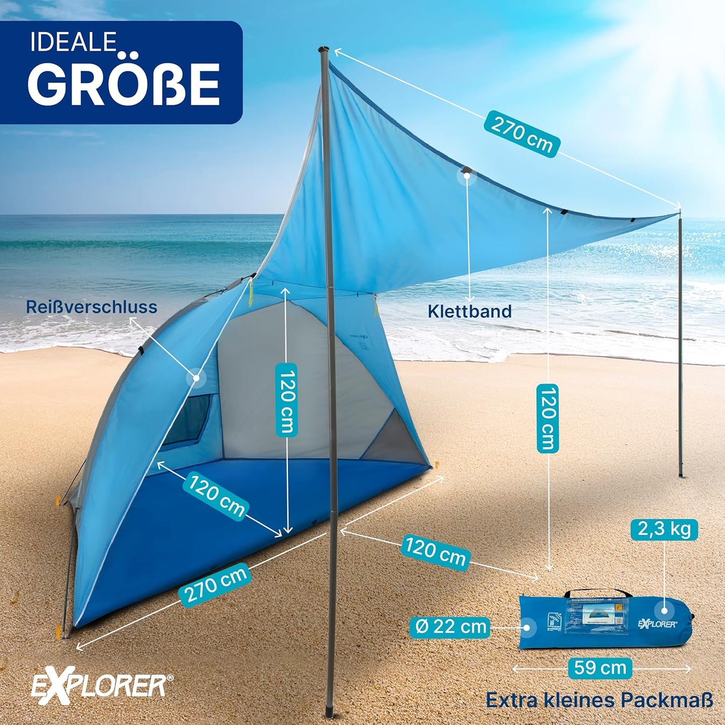 Strandmuschel mit Sonnendach, UV Schutz 80+ (270x120x120cm), Strandmuschel mit Sonnendach